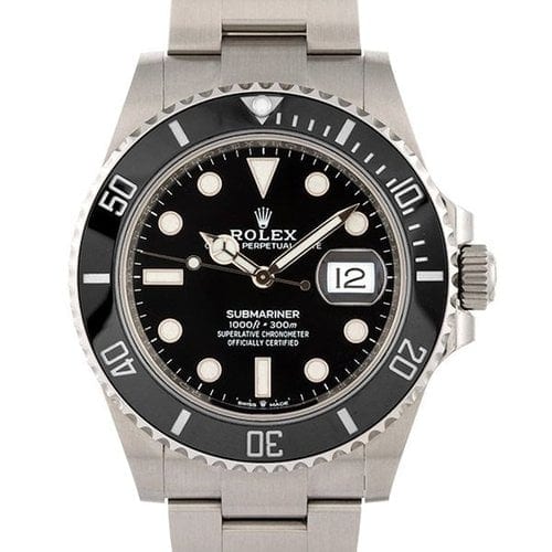 A stainless steel Rolex Submariner watch with a black bezel, black dial, white hour markers, date window at 3 o'clock, and a metal bracelet.