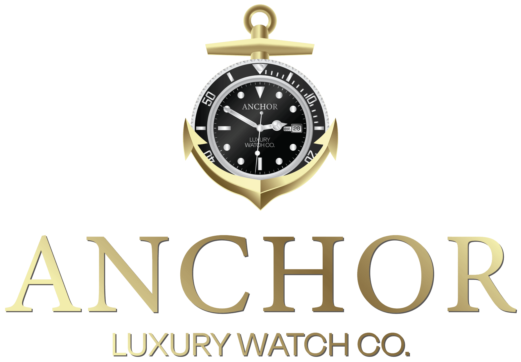 A gold anchor with a black watch at its center appears above the gold text “ANCHOR LUXURY WATCH CO.” on a white background.