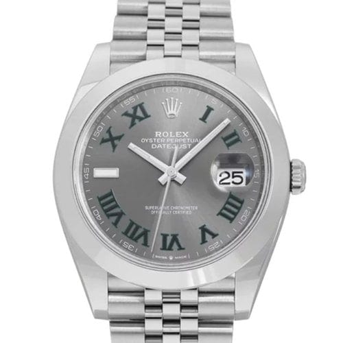 Silver Rolex Oyster Perpetual Datejust watch with a gray dial, Roman numerals, and a date window showing 25, on a stainless steel bracelet.