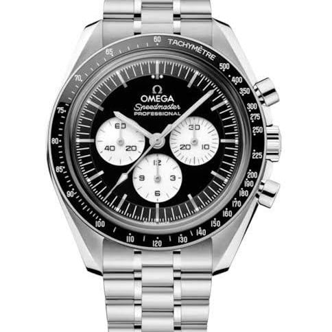 A stainless steel Omega Speedmaster Professional wristwatch with a black dial, three subdials, and tachymeter bezel.