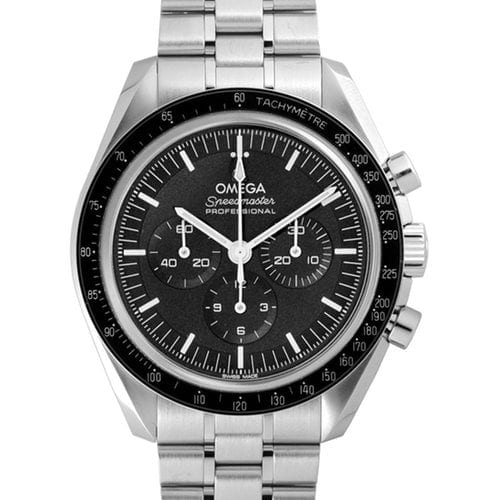 A stainless steel Omega Speedmaster Professional wristwatch with a black dial, three subdials, and a tachymeter bezel.