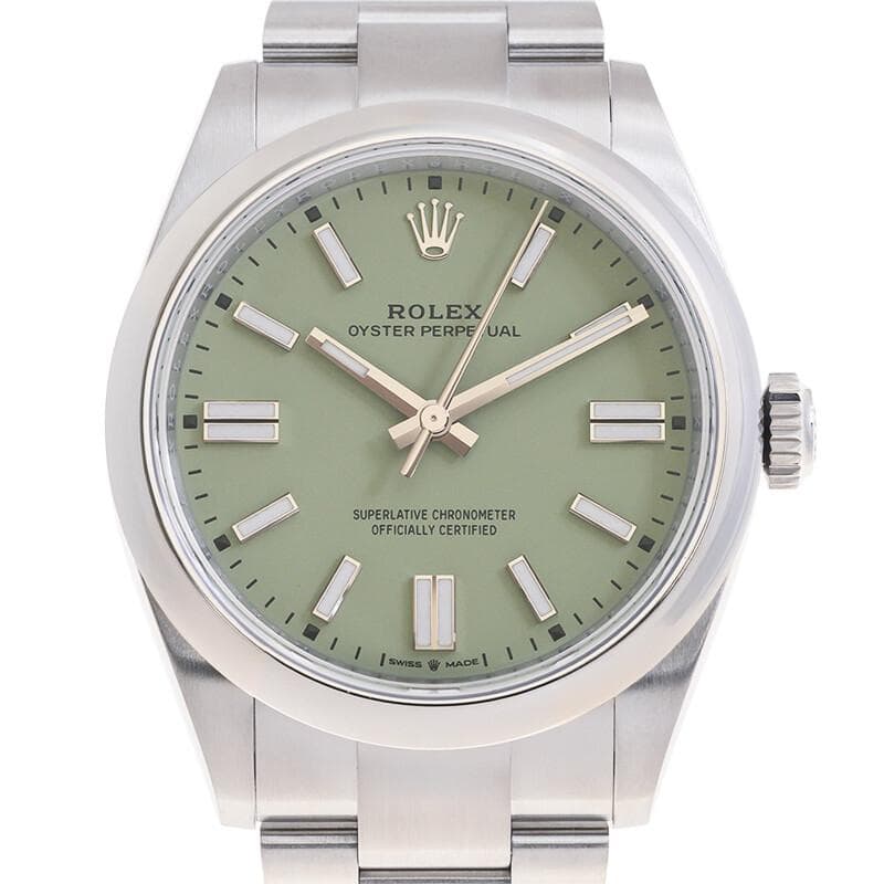A stainless steel Rolex Oyster Perpetual watch with a green dial, silver hour markers, and a matching metal bracelet, shown from the front.