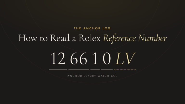 How to Read a Rolex Reference Number, from The Anchor Log, with example reference 126610LV broken into its parts and the letters marked as optional.